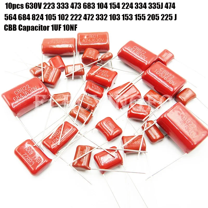 10PCS/Lot CBB capacitor 630V 102~824 J Metallized Polypropylene Film Capacitor 103/104/473/474/105/225 10nF 0.1uF 1uF 2uF 47nF