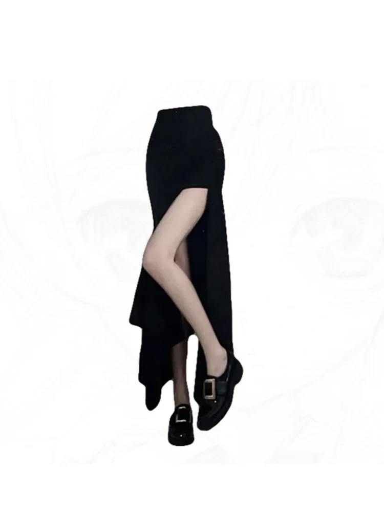 Y2k High Waist Slim Wrap Hip Black Big Split Fishtail Skirt Women Elegant Fashion Irregular Mid-length Dress Korean Style 2022