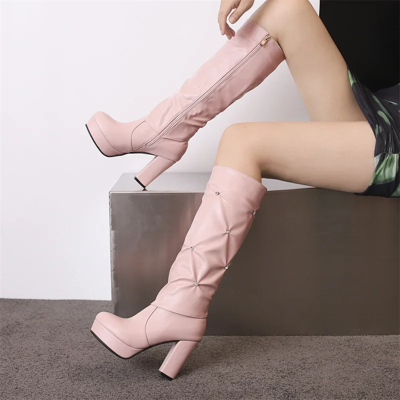 Fashion Women Foldover Knee High Boots Red Pink Pleated Club Party Lady Chunky Heel Crystal Zipper Round Toe Platform Long Boots