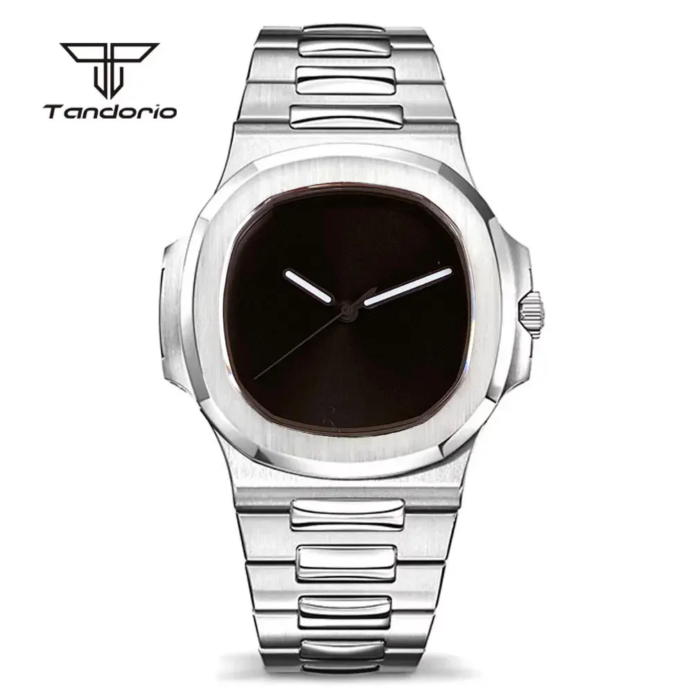 Tandorio Sandblasted Square Case Sapphire Crystal Black Plain Dial Japan NH35A Mechanical Men Watch 10ATM See Through GlassBack