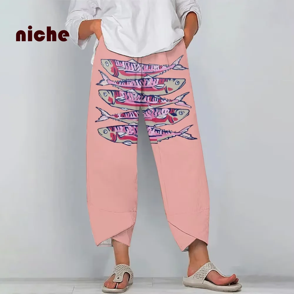 Pure Cotton High-Quality Beach Pants Casual Loose Fish Printing Designer 2024 New Fashion Trend Nine-Point Wide-Leg Pants