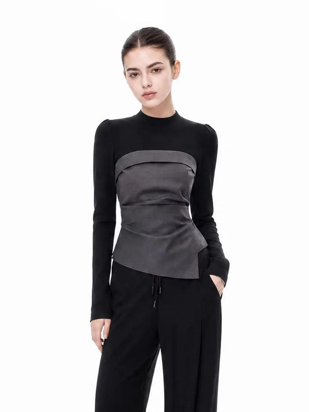 Korean Style Asymmetrical Waist-Cinching Long Sleeve T-Shirt Women's Autumn Elegance Fake Two-Piece Light Maturity Unique Top