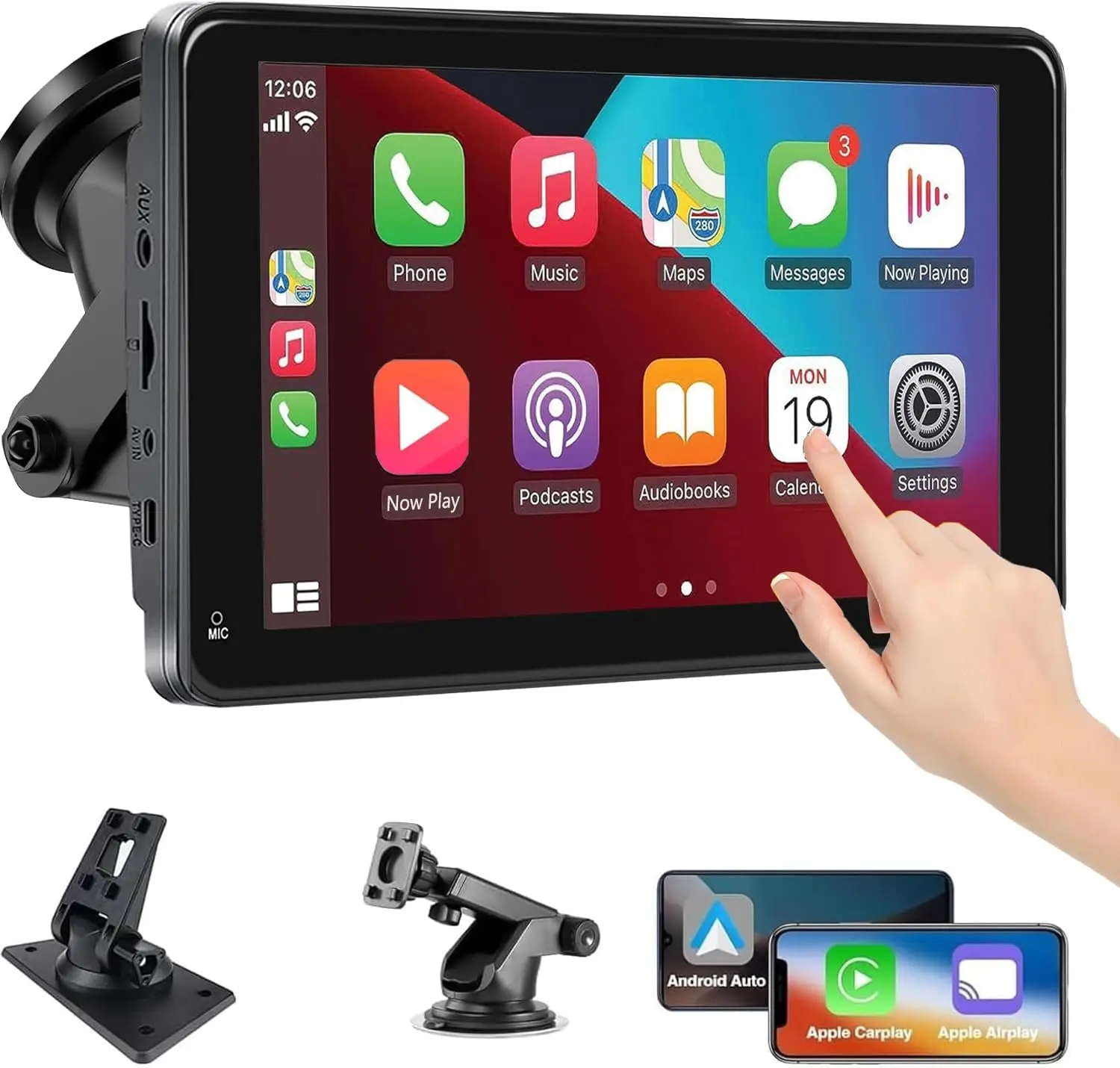 Портативный 7-дюймовый беспроводной сенсорный экран HD CarPlay/Android Auto с Bluetooth FM MirrorLink