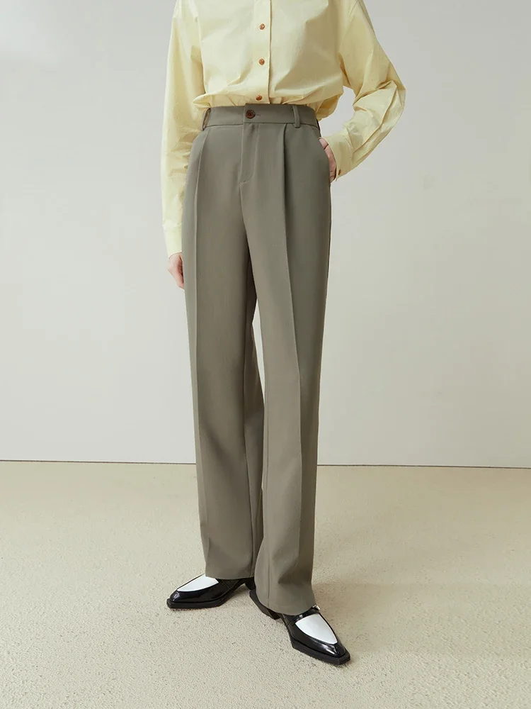 

FSLE Solid Commuter Straight Suit Trousers 2023 Spring New Women Long Pants Pleated Design Office Lady Grey Casual Trouser