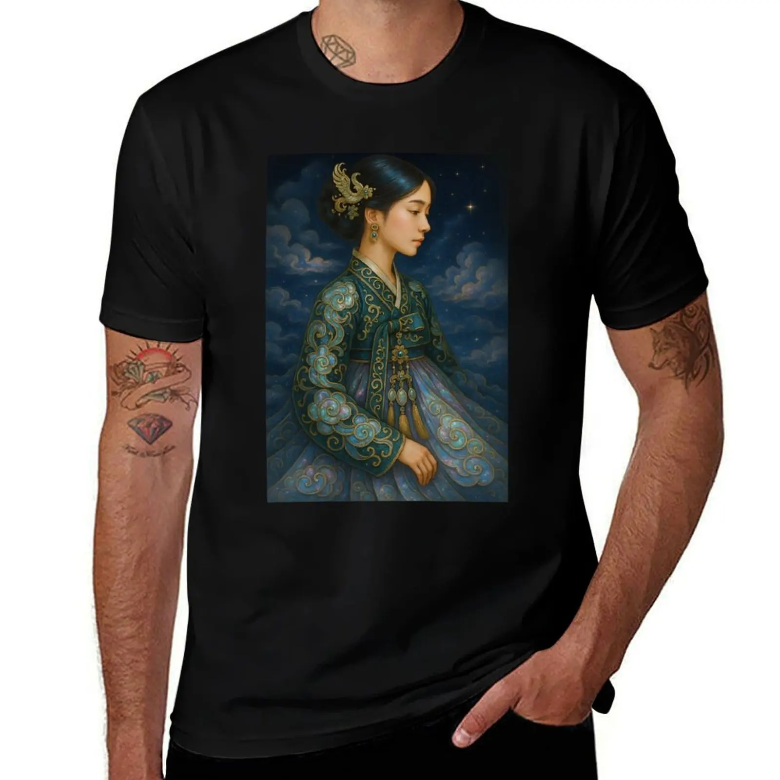 

Korean Hanbok Lady in Fantasy Moonlit Sky T-Shirt vintage graphic tee topping baggy shirts men graphic t shirts