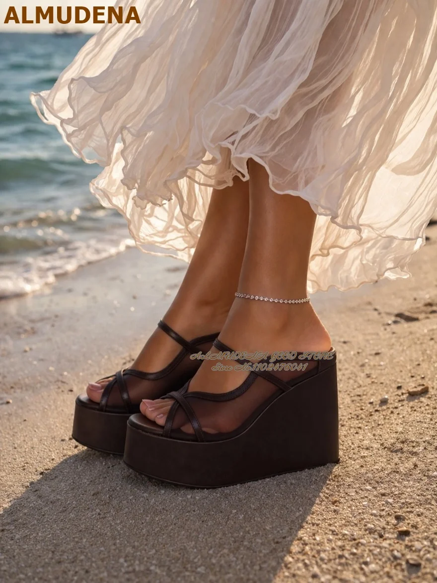 

ALMUDENA Air Mesh Wedged Heel Mules Narrow Band Open Toe High Platform Outside Modern Slippers Slip-On Elegant Summer Sandals