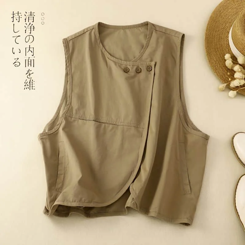 

Vest for Women Cotton Korean Style Solid Vintage Casual Loose Tanks O-neck Casual Sleeveless Cardigan Women Clothing Jackets