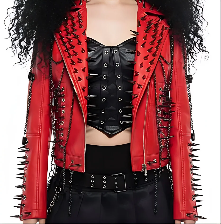 

Красная куртка из искусственной кожи в стиле готика-панк-рок с шипами и заклепками, женская куртка-рокер в стиле Y2K, эмо-одежда, альт-готика, куртки в стиле 80-х