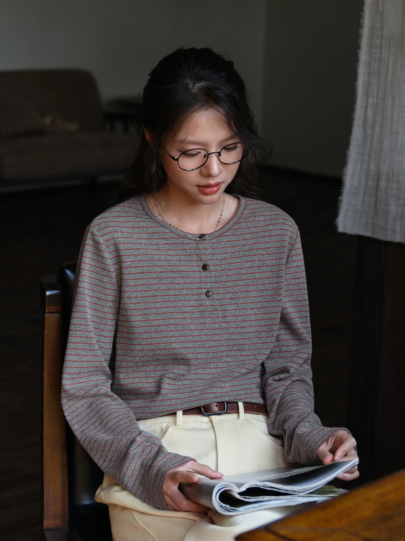 Casual Cotton Long Sleeve Women's T-shirt round Neck Striped Base Shirt Comfortable Breathable Slimming Style Chinese Brand