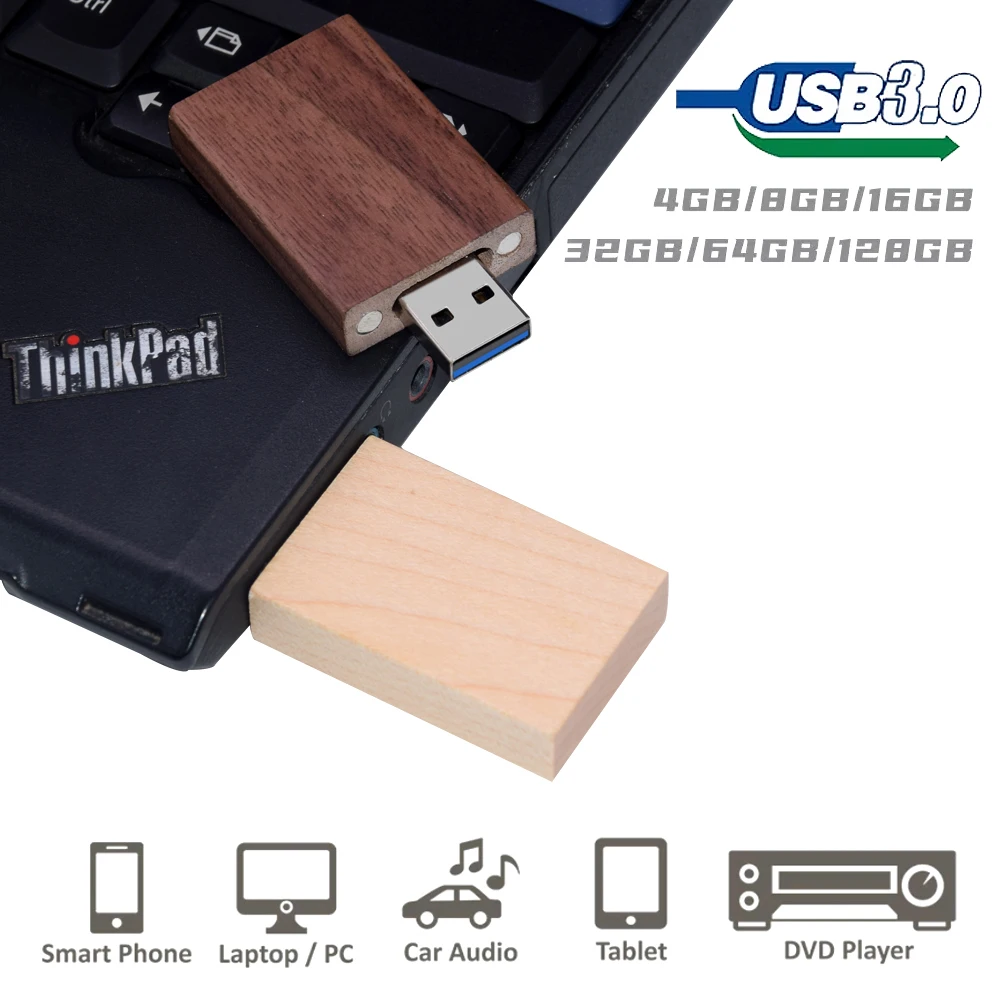 50PCS/LOT USB 3.0 Flash Drive 128GB Free Customer Logo Memory Stick 64GB Wooden Box Pendrive 32GB8GB Real Capacity Bamboo U Disk