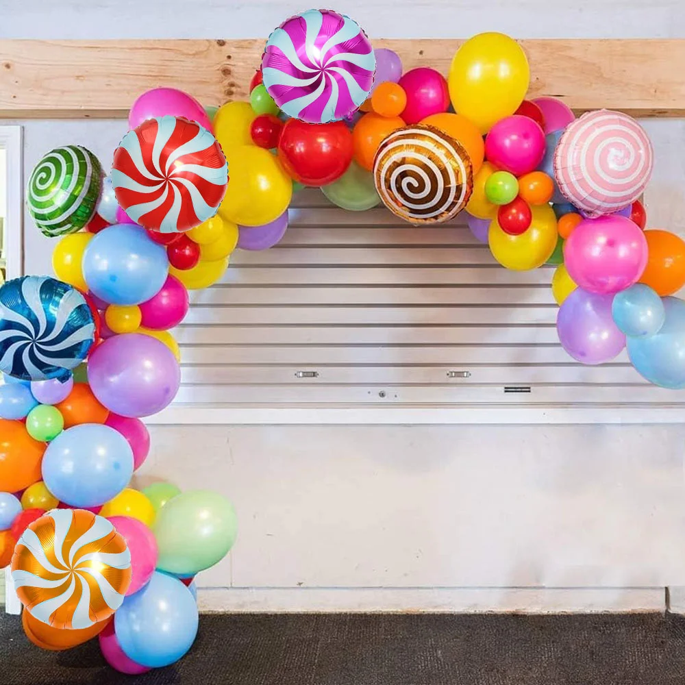 

114pcs Sweet Candy Balloon Garland Arch Kit 18inch Lollipop Rainbow Balloons for Christmas Candyland Birthday Party Decorations