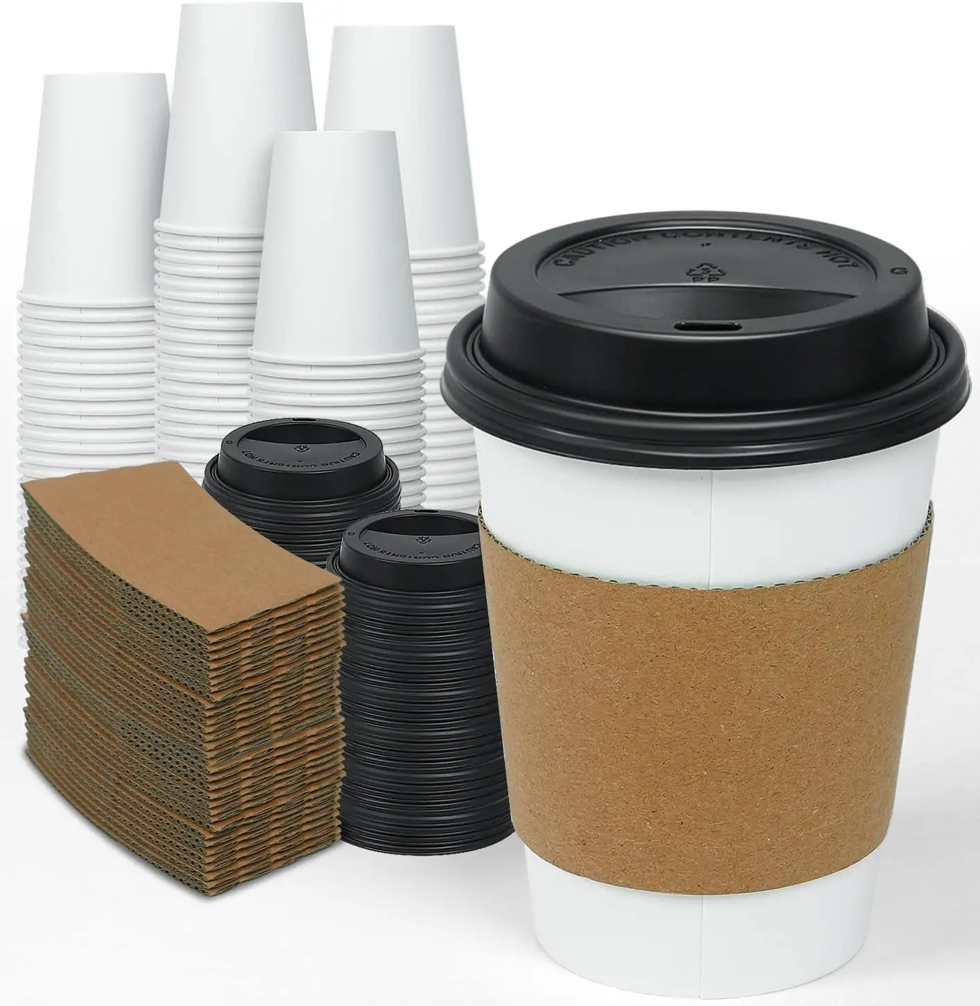 

100 Pack 12 oz Disposable Thickened Paper Coffee Cups with Lids and Sleeves, To Go Hot Coffee Cups, Hot Chocolate, Cocoa
