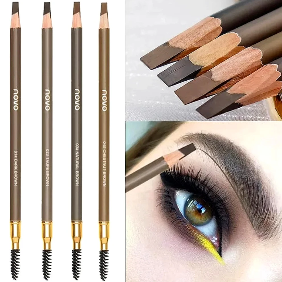 قلم حواجب منجل طبيعي - برأسين مع فرشاة حواجب، مظهر متجذر مقاوم للماء ومقاوم للعرق يدوم طويلاً