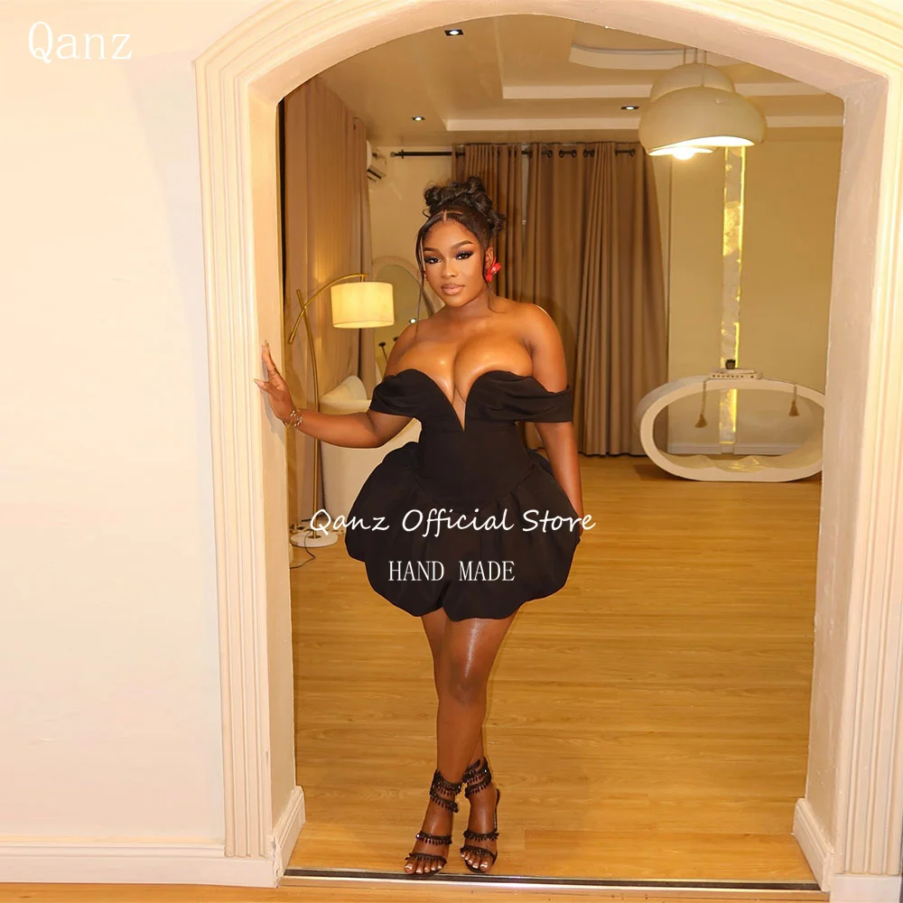 

Qanz Mini Satin Black Prom Dress Off The Shoulder Birthday Dress Black Girl Short A Line Puffy Cocktail Dresses Customized