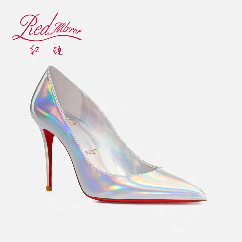 2024 New Red Bottom Pointed High Heels Women\'s Fine Heels Colorful Laser Silver Sexy Party Shallow Mouth Banquet Single Shoes