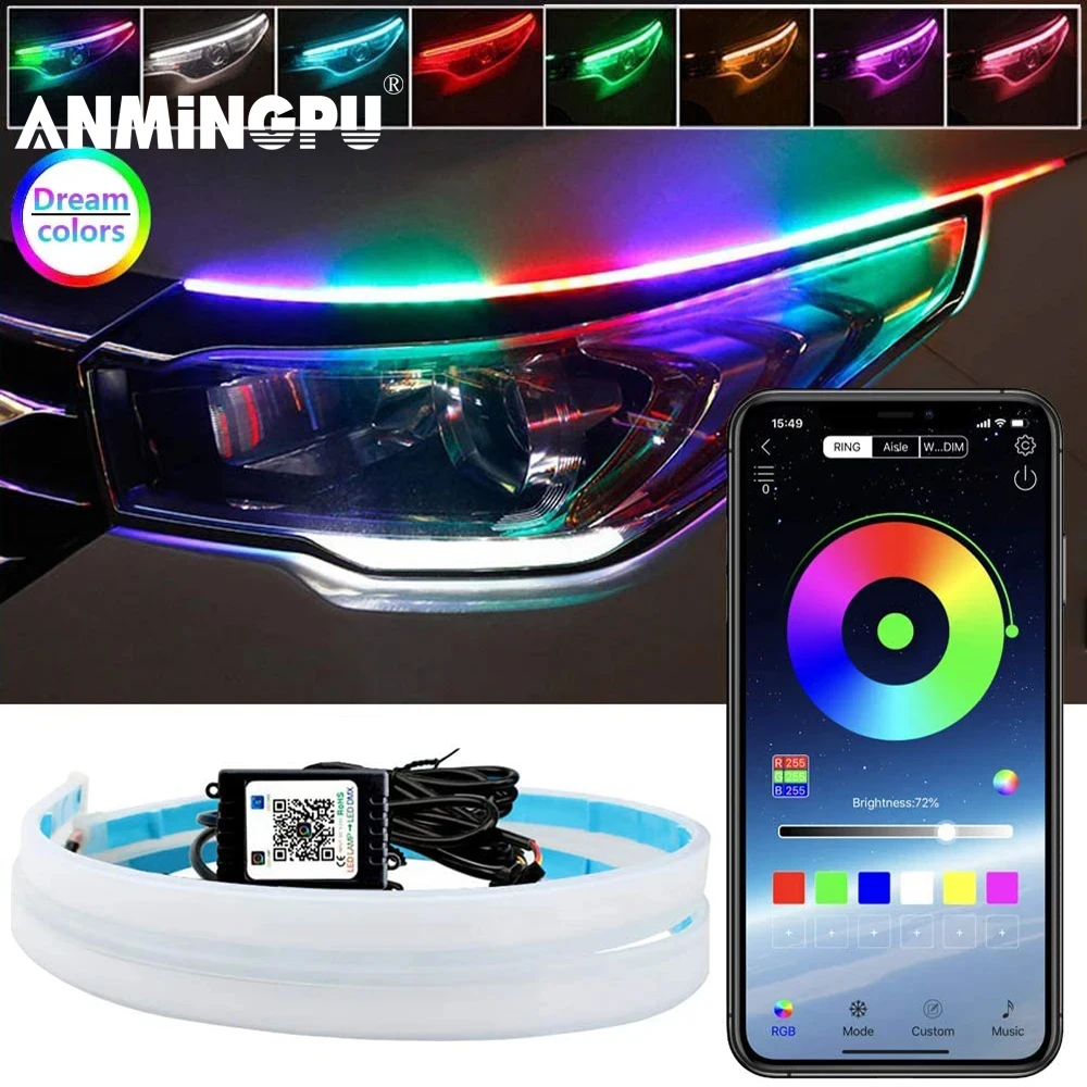 

ANMINGPU 2Pcs RGB Daytime Running Light DRL Universal Flexible Flowing Multi Color LED Strip Turn Signal Lights For Headlight