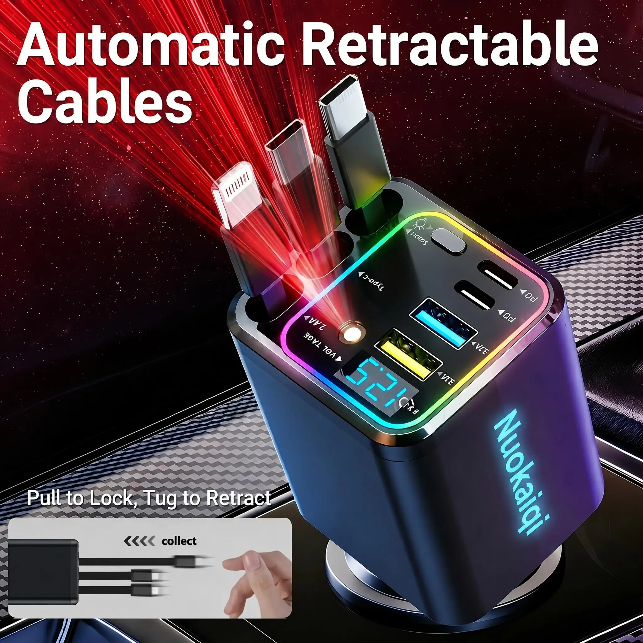 120W Max Retractable Car Charger Super Fast Charging PD 20W USB 65W Power Adapter 1-Click Starry LED Galaxy Projector Tangle-Free Cable Auto Power Station Hub for Phone Tablet Laptop Fathers Day Gift