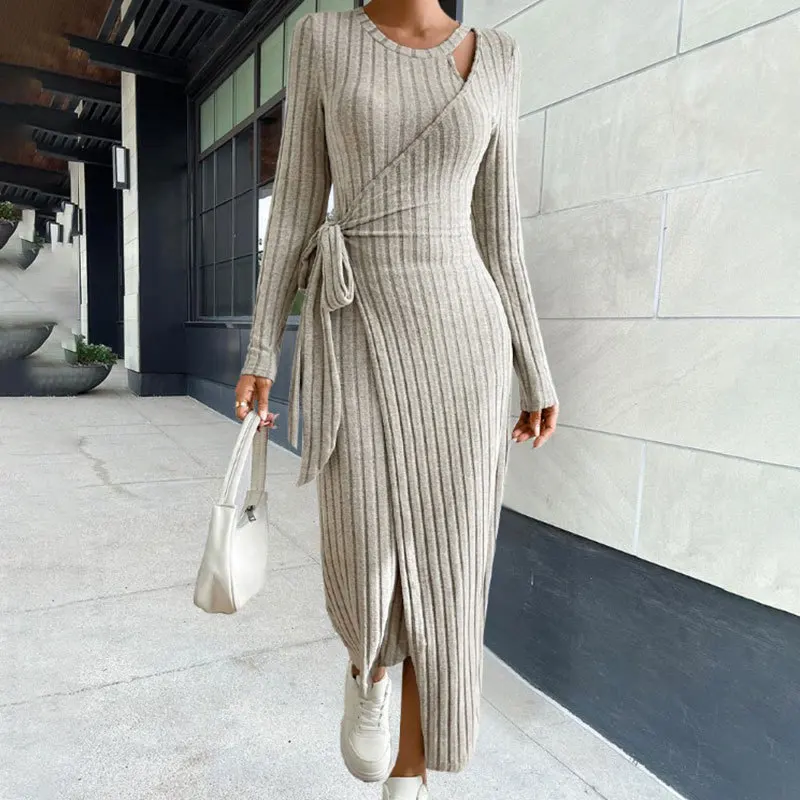 New Autumn/Winter Women\'s Fashion and Elegant Commuting Round Neck Solid Long Sleeve Lace up Waist Knitted Dress