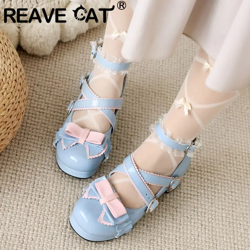 REAVE CAT Sweet Lolita Girls Pumps Block Heel Bowknot Ankel Buckle Strap 47 48 Stress Daily Women Shoes Spring