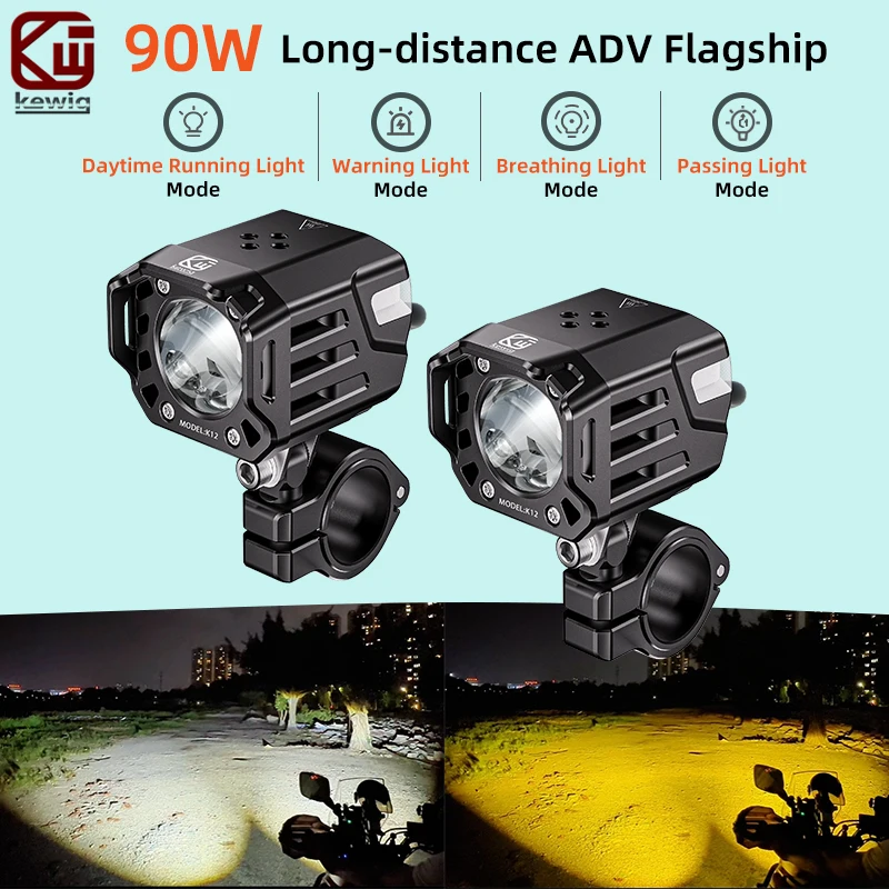Kewig K12 Motorcycle Auxiliary Fog Light 90W DRL Breathing Light IP68 Waterproof Driving Lamp For ADV Rally Long Distance Tour