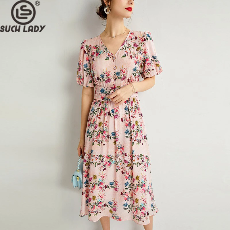 

100% Real Natural Silk Women's Dresses V Neck Short Sleeves Elastic Waist Floral Printed Fashion Designer Vestidos