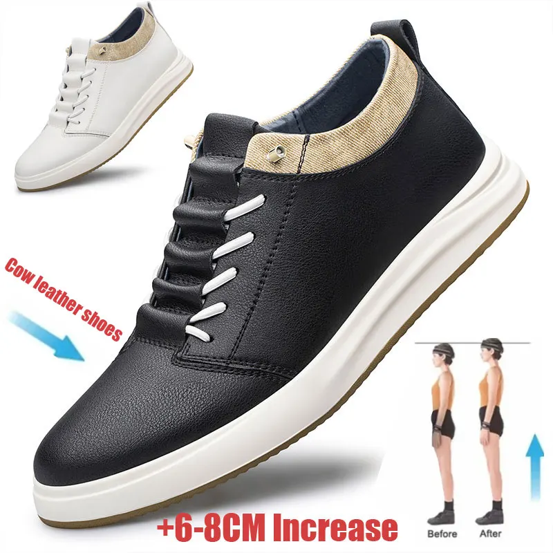 Zapatillas de deporte de cuero genuino para hombre, zapatos de aumento de altura negros, zapatos casuales de elevación blancos de lujo, 6cm, 8cm