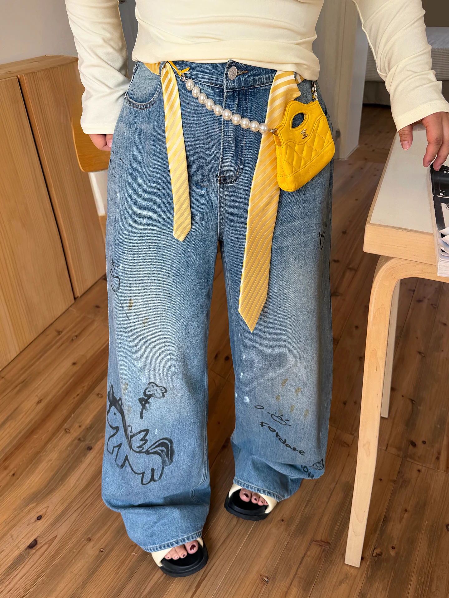 

AzhoUSDay Hippie Little Pony Heavy Print Spray Painted Washed Wide Leg Denim Jeans Women's Loose Fit Cotton Natural Waist Button