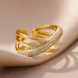 Zircon Double Crossed Shape Rings For Women Gold Plated Stainless Steel Cross Ring Luxury Wedding Couple Rings Aesthetic Jewerly