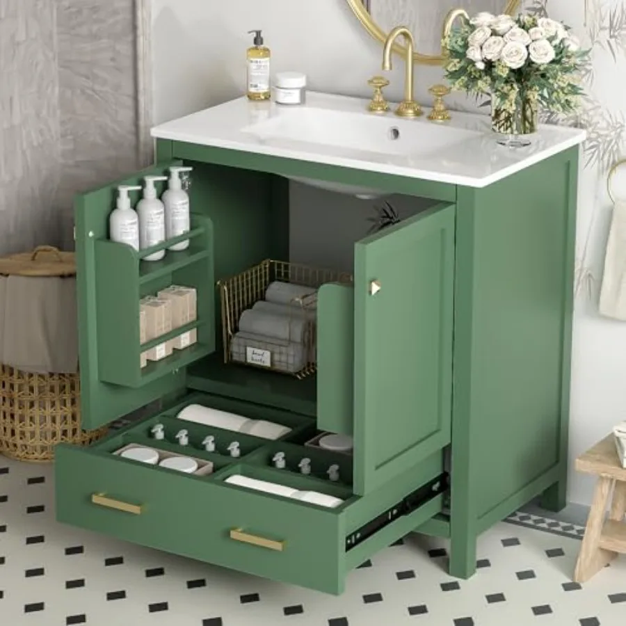 

30 Inches Wide Bathroom Vanity Set Combo Stand Storage Organization Cabinet with Square Resin Sink Top in White for Modern Bath