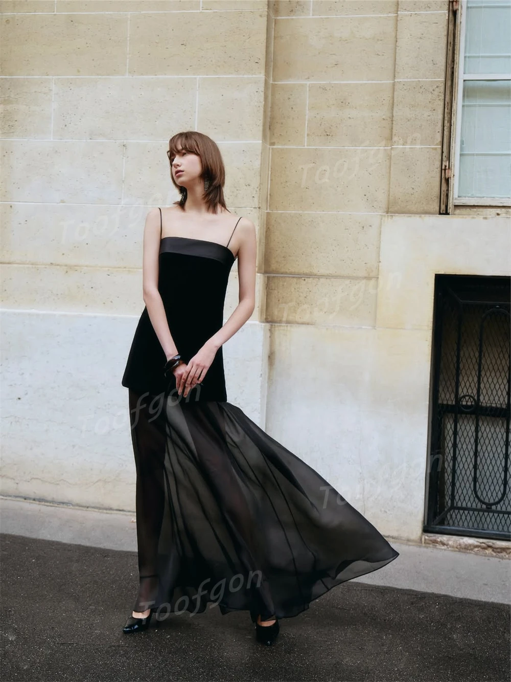 Toofgon Schwarze Spaghettiträger, maßgeschneidert, A-Linie, Ballkleider, Satin, Chiffon, formelles Party-Abendkleid, Korsett, Geburtstagskleider