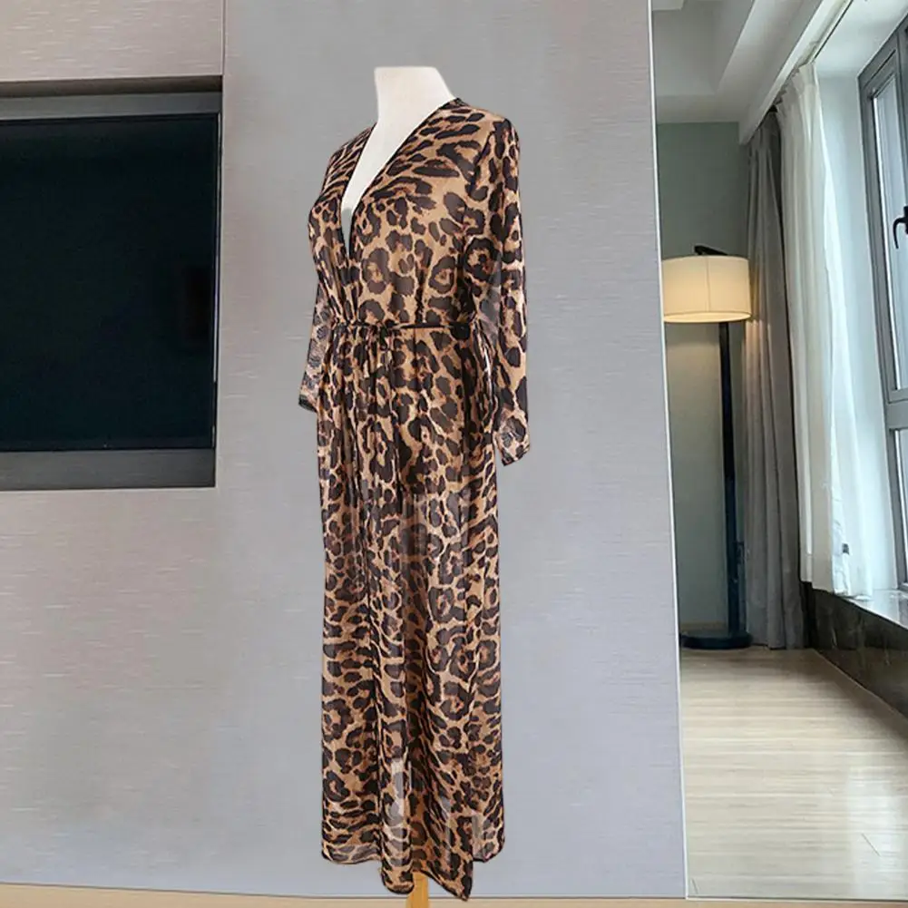 Bikini Cover Up Leopard Print Chiffon Cardigan Stylish Long Sleeve Beach Cover Up with Lace-up Front Placket Quick-drying