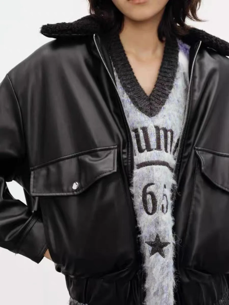 가을 겨울 신상 여성 인조 가죽 퍼 칼라 롱 슬리브 자켓 바이커 코트 스트리트 스타일 루즈핏 지퍼 클로저