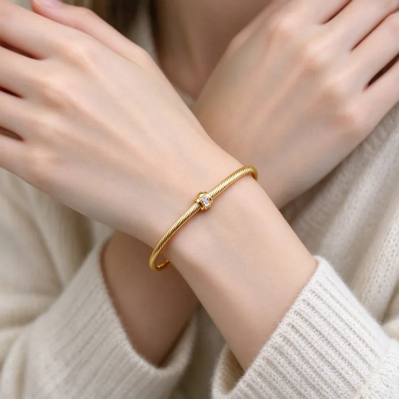 3mm Delicate Twisted Cable Cuff Bangle Braceletfor Women, Ball End Caps with Center RoundStone, Gold Tone Alloy Thin Open Wire Bangle,Minimalist Dainty, Thin Cable Design, DelicateEveryday Wear, Stackable, Perfect Gift for HerWomen Ladies, Great Birt