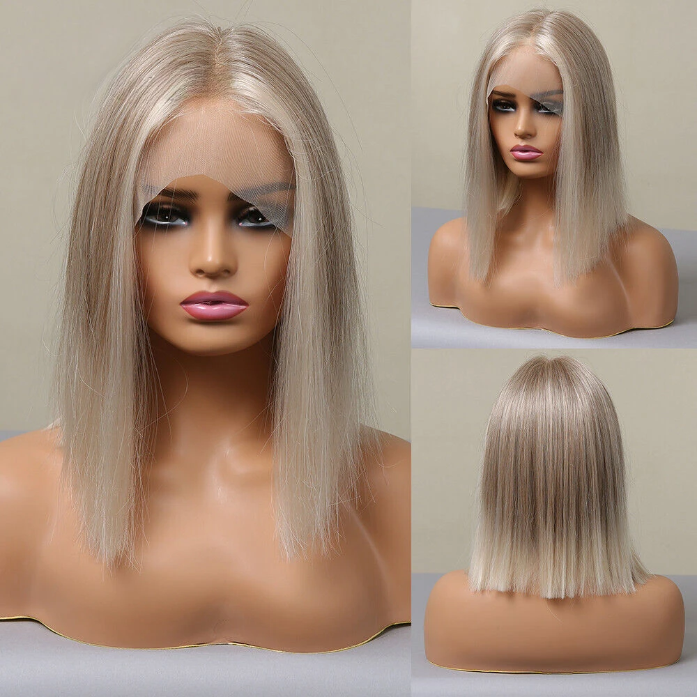 Ombre Light Blonde Natural Lace Front Hair Wigs Women's Fashion Straight Human Synthetic