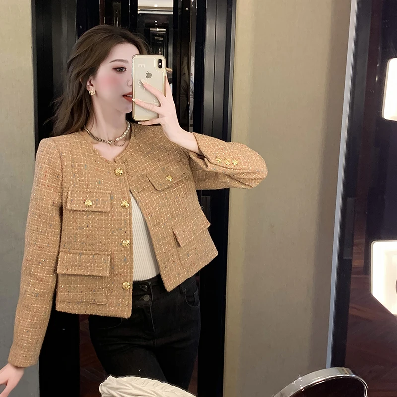 Autumn Elegant Golden Buttons Crop Jacket Women Korean Fashion O Neck Plaid Tweed Coat Pockets Office Chic Short Coats Female