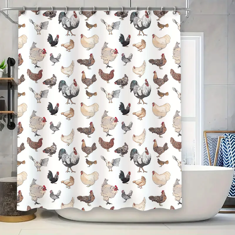 

Занавеска для душа с куриным принтом, декор для фермерского дома, коврик для ванной с куриным узором, водонепроницаемые тканевые шторы для украшения ванной комнаты, белый (