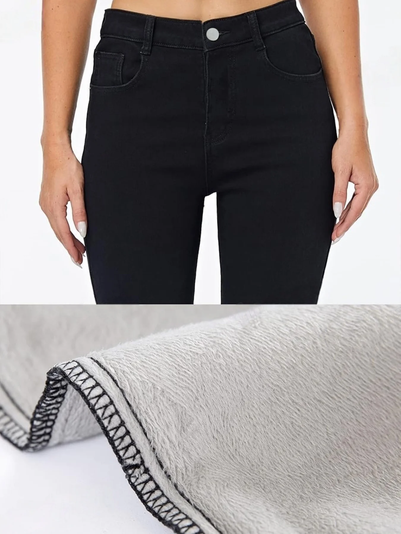 High Waist Stretchy Pure Black Slim Fit Thickened Warm Versatile Women's Fleece Lined Jeans