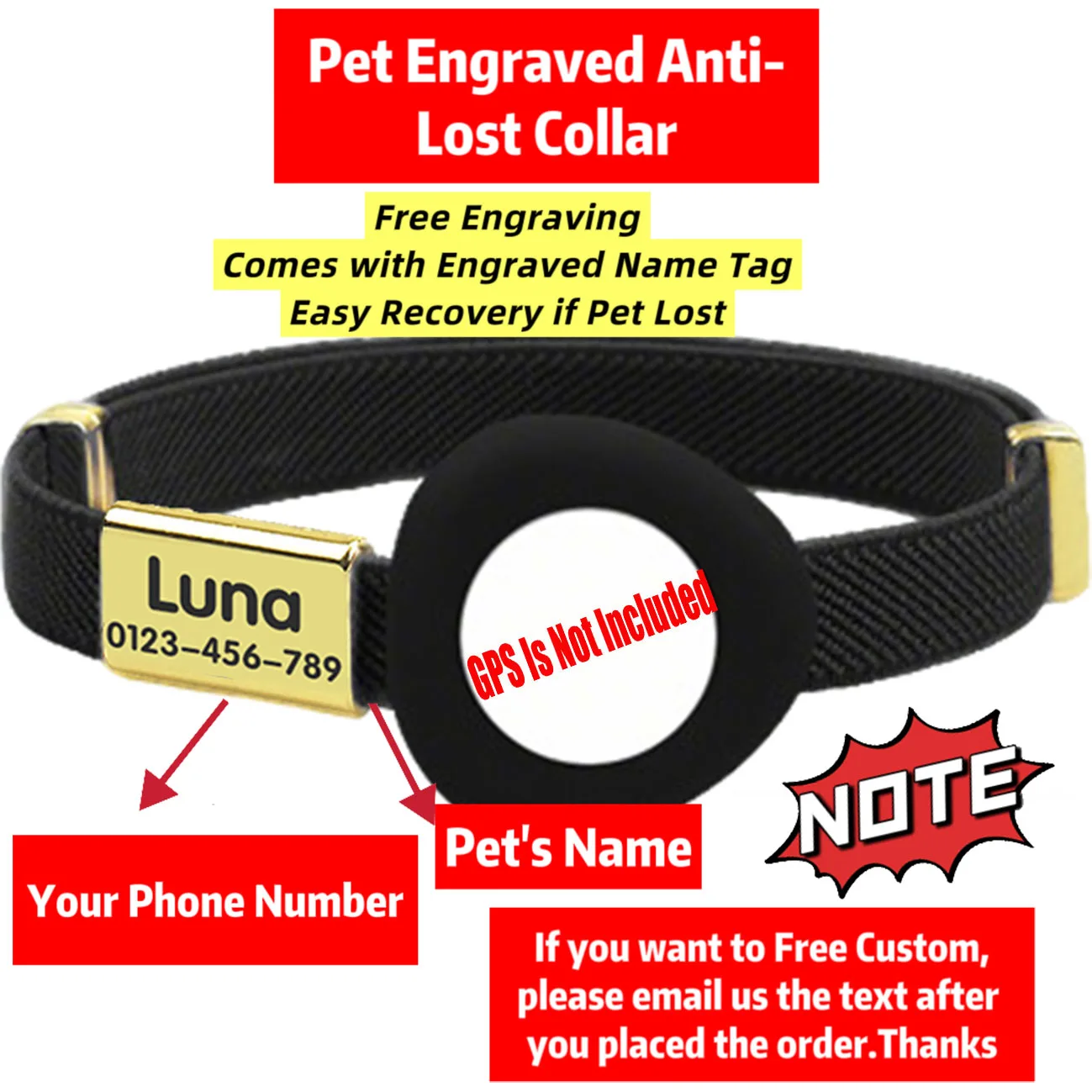 Customizable Pet ID Cat Collar for Huawei Android Tag Anti-lost Kitten Collar Adjustable Collar for Small Dogs No Inlcuded GPS