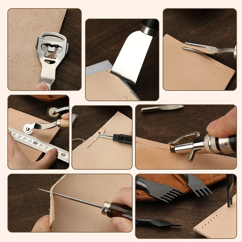 KRABALL Professional Leather Craft Tool Kit Hand Sewing Repair Kit Wax Thread Stitching Punch Carving Work Groover DIY Tool Set view 6