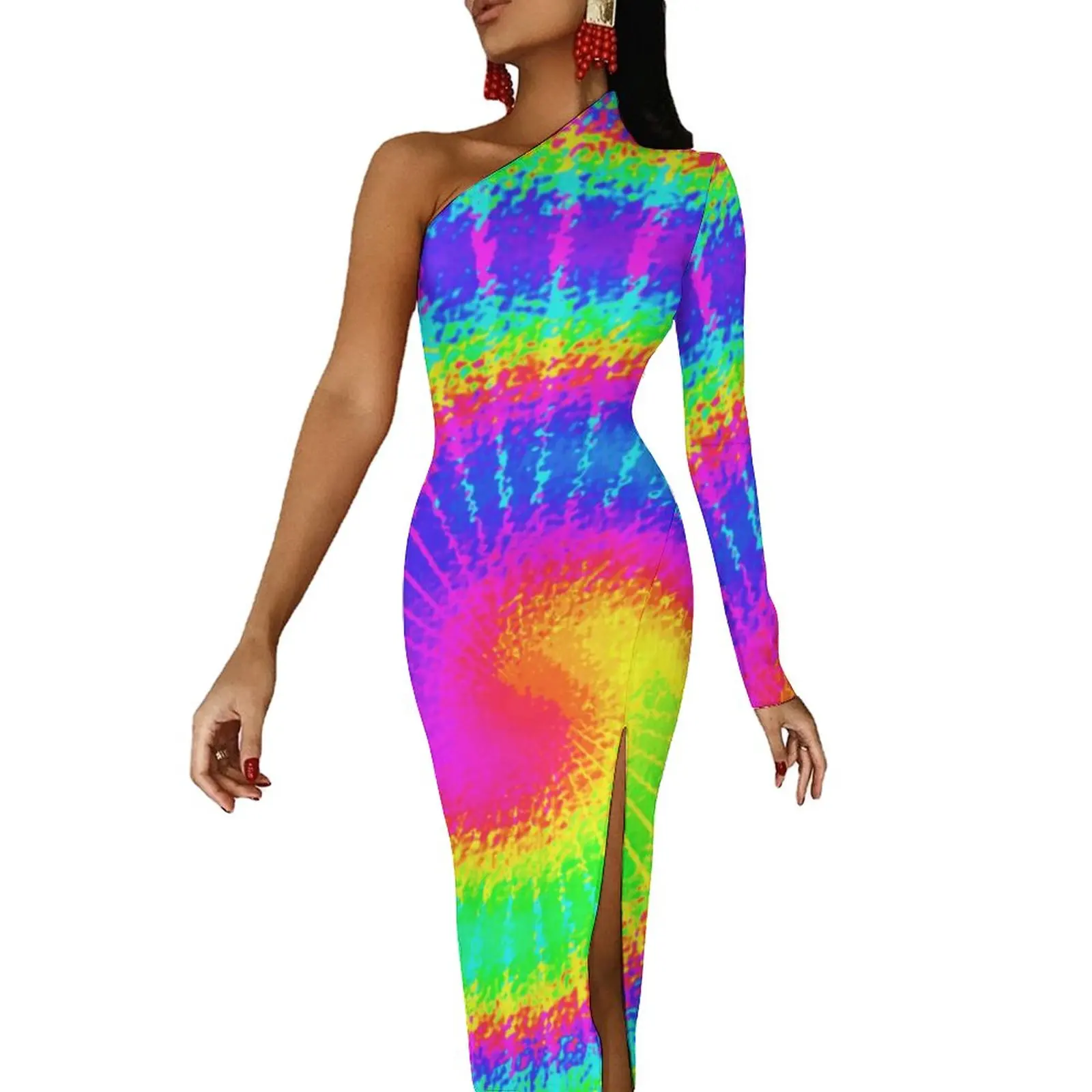 Hippy Psychedelic Long Dress Women Retro 70s Tie Dye Party Maxi Dress Summer Sexy Bodycon Dresses Side Split Pattern Vestidos