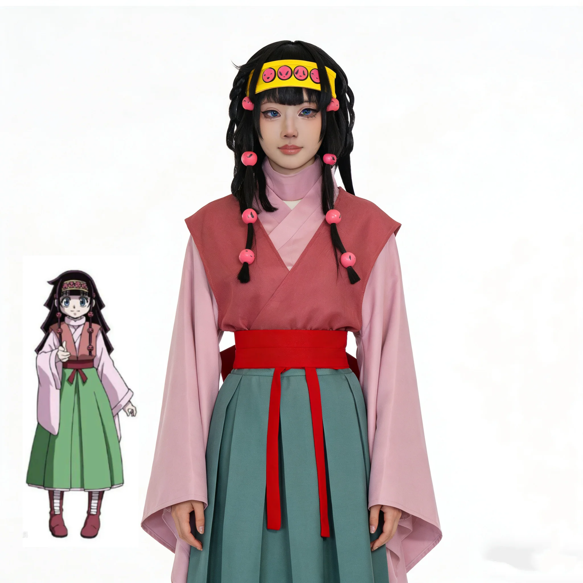 Anime Alluka Zoldyck Cosplay Costume Pink Green Japanese kimono Wigs Full Set Halloween Party Role Play Dressing