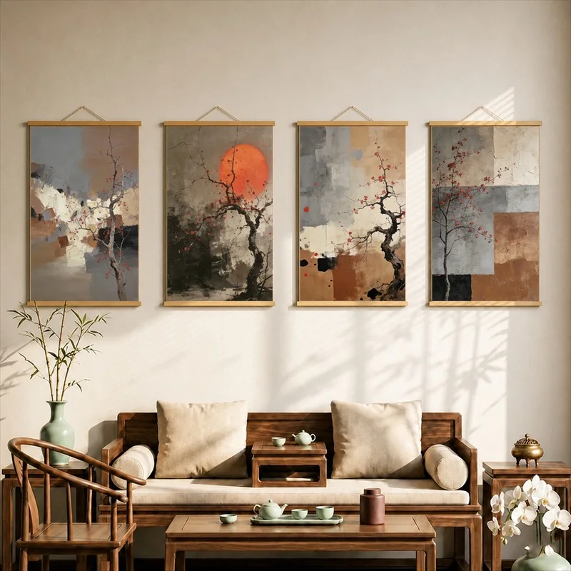Quiet Solitude Landscape Canvas Wall Art Hanging Scroll Minimalist Wabi Sabi Print with Wooden Rods for Living Room Decor