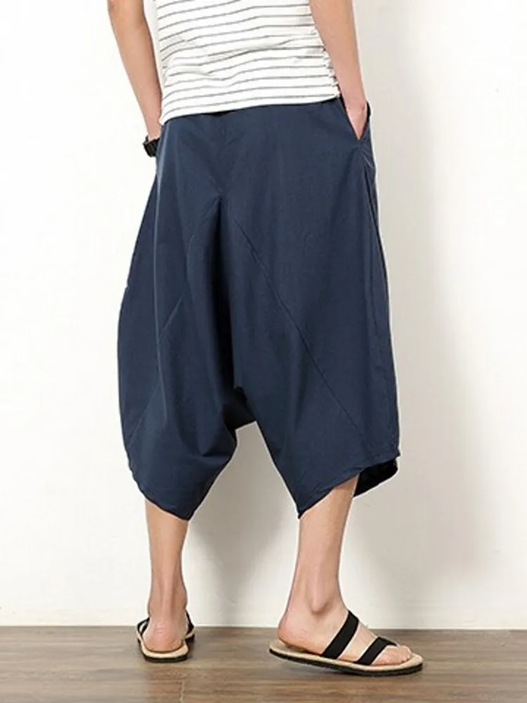 Summer Men\'s Japanese Samurai Boho Summer Harem Shorts Hakama Linen Cotton Pants 5 Colors Loose Fit Short Pants Big Size