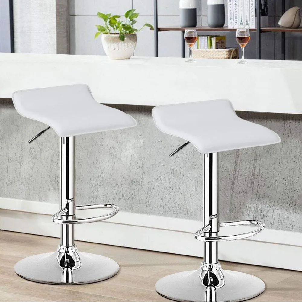 Modern Swivel Bar Stools Set of 2, Adjustable Height with Footrests, Chrome Steel Base for Kitchen Island Cafe Pub in White