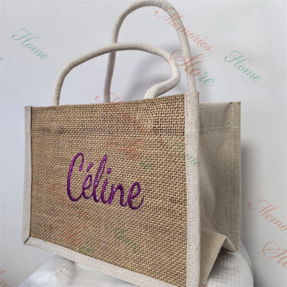 New Women's Small Size Linen Tote Bags Custom Name Spliced Jute Tote Shopping Bags Mini Handbags Embroidered Gift Bag with Names