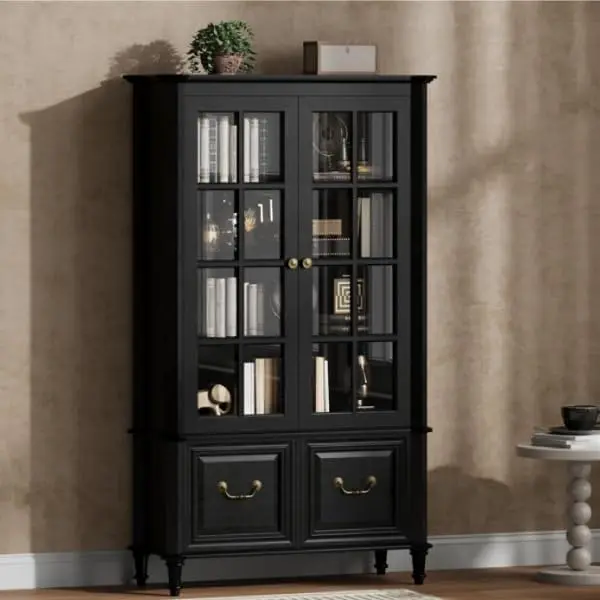 63 Inch Tall Display Storage Cabinet With Glass Doors Solid Wood Legs 2 Drawers Adjustable Shelves Vintage Curio Bookcase Freestanding Bookshelf For Living Room Office Dining Room Home Furniture Black