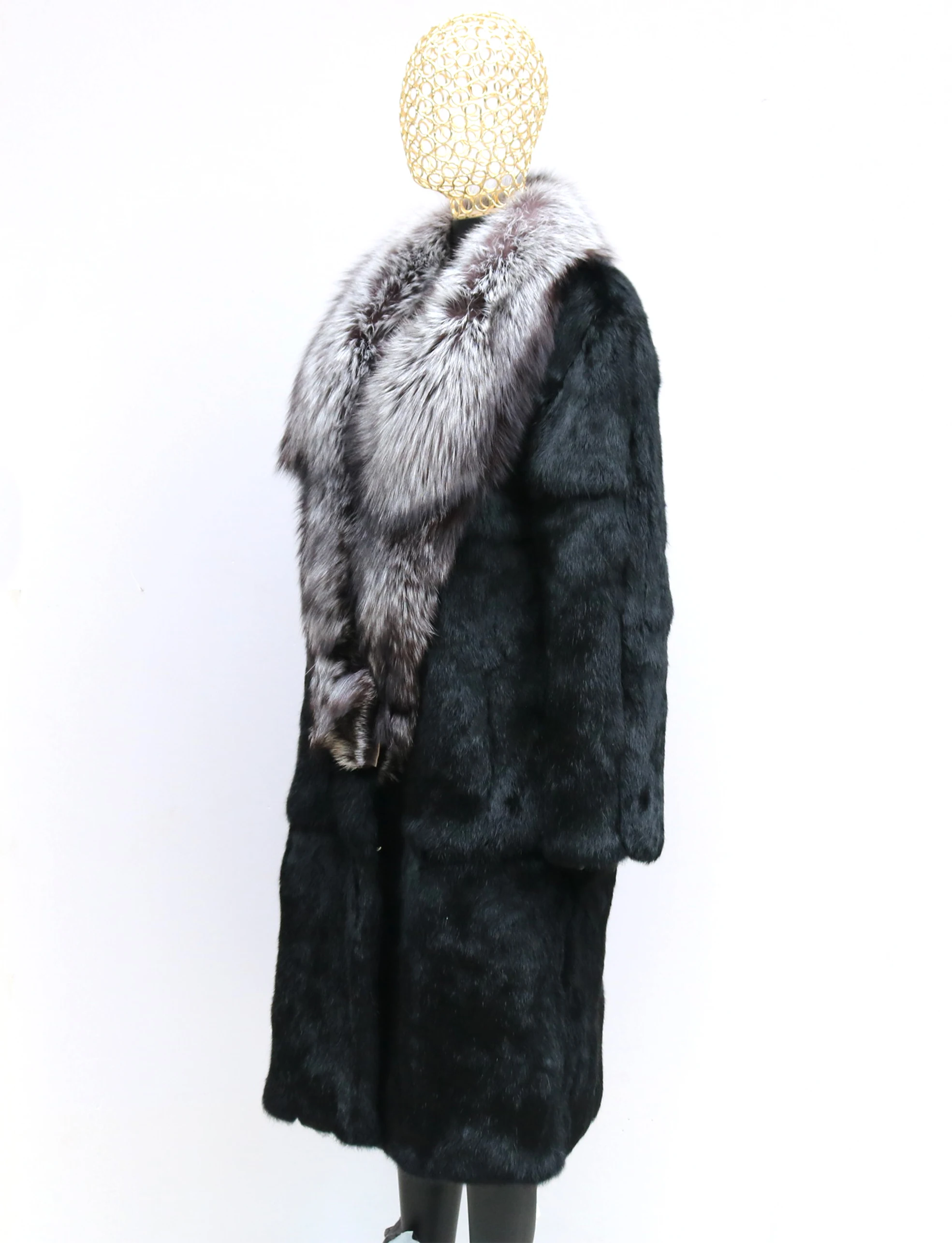 หรูหราฤดูหนาวแจ็คเก็ตผู้หญิงสีดําปุยอบอุ่นขนสัตว์กระต่ายจริงขนาดใหญ่ Silver Fox ขนสัตว์ยาวเสื้อขนสัตว์