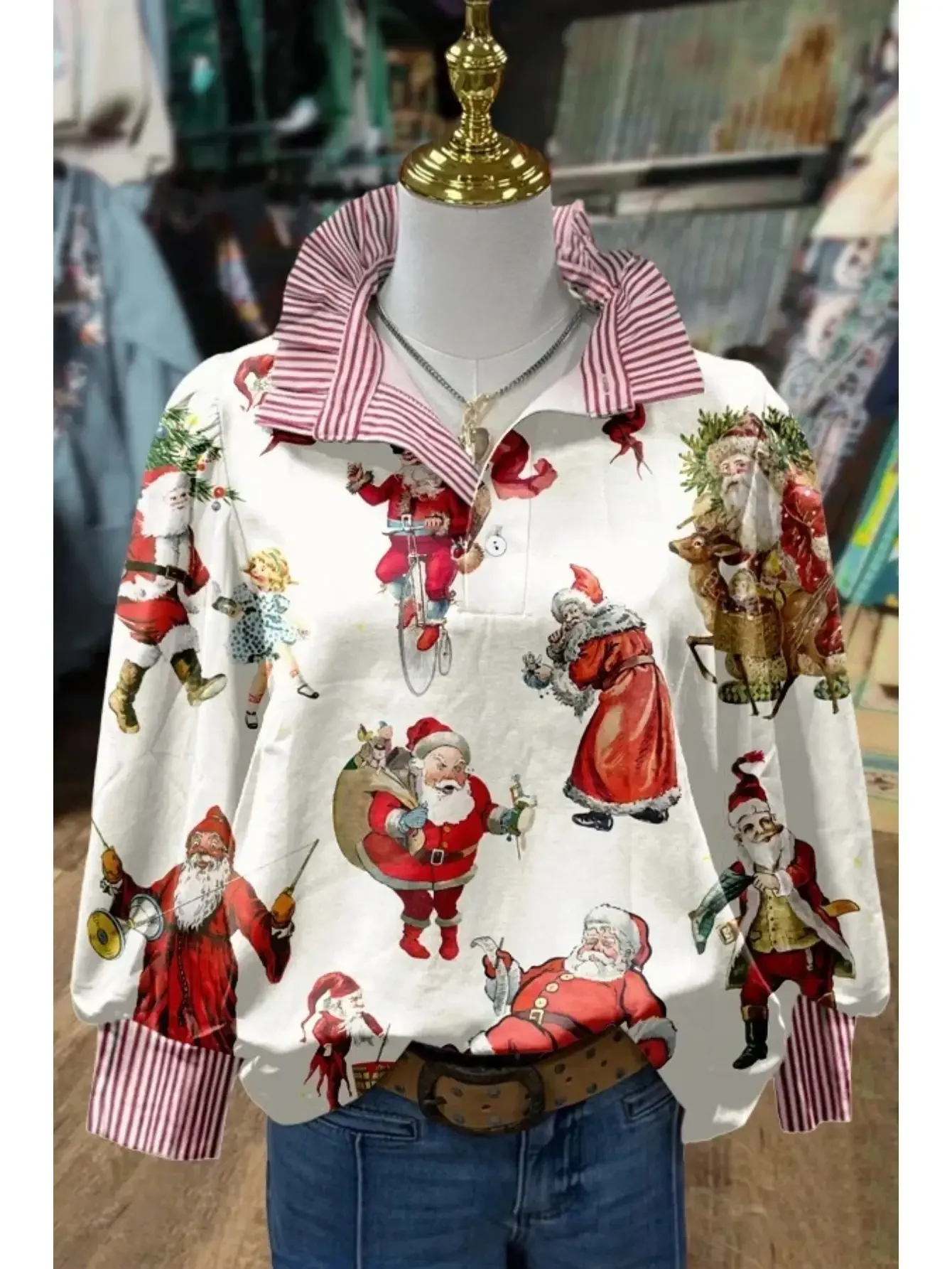 Ladies' striped casual fashion shirt with multi-color striped collar , Elegant women's shirt, high-end feel