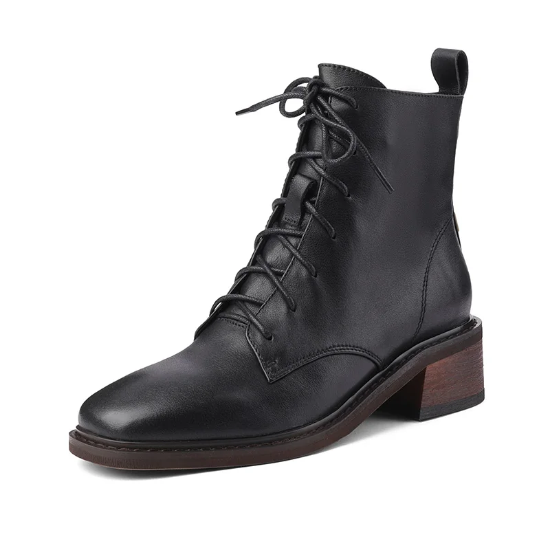 

Женские ботильоны из натуральной кожи, ботинки на квадратном каблуке, с круглым носком, на молнии сбоку, на шнуровке, в стиле ретро, коричневые, черные, весна-осень