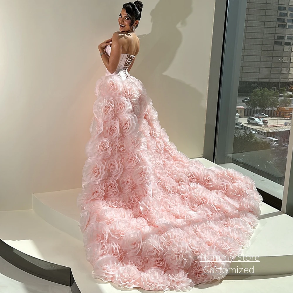 Customized Pink Wedding Dress Elegant Strapless Sleeveless handmade Flowers Court Train A Line Arab Corset Bridal Gown